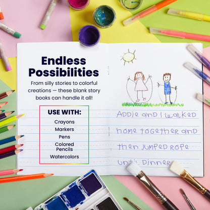 Hygloss Half Blank Books for Kids to Write Stories and Illustrate – Bulk 6 Pack – 5.5" x 8.5" A5 – Small Primary Journal for Grades K-2, Preschool/Kindergarten Notebook with Picture Space – 24 Pages