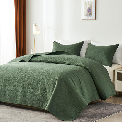 akkialla Queen Quilt Bedding Set,Olive Green Ultrasonic Full/Queen Quilt Set,Lightweight Soft Bedspread Coverlet,Modern Style Coin Pattern Bed Cover for All Seasons,3 Piece(1 Quilt,2 Pillow Shams)
