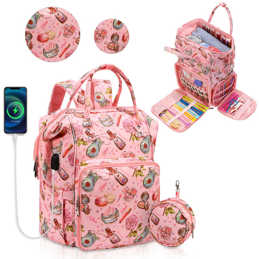 QZLKNIT Project Backpack Bag Organizer for Knitting Crochet Supplies Accessories,Yarn Storage Organizer Bag, Yarn Organizer Tote Bag, Crochet Bag with USB Charging Port