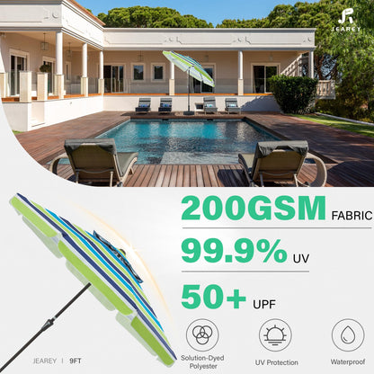 JEAREY 9' 2-Tiers Patio Umbrellas Outdoor Market Table Umbrella w/Push Button Tilt/Crank, 8 Sturdy Ribs, UV Protection Waterproof Sunproof(Bold Blue-Green Stripe)