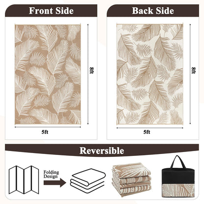 Pauwer Waterproof Outdoor Rug 5x8, Reversible Plastic Straw Patio Camping Rug, Indoor Outdoor RV Mat Carpet for Deck, Camper, Porch, Balcony, Backyard, Picnic, Leaf Brown