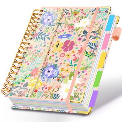 Spiral Journal Notebooks for Work, 300 Pages 5 Subject Notebook College Ruled with Dividers & Tabs, 8''x 10'' Large Notebook Journal for Women Students Note-Taking and Organizer (Beige Bloom)