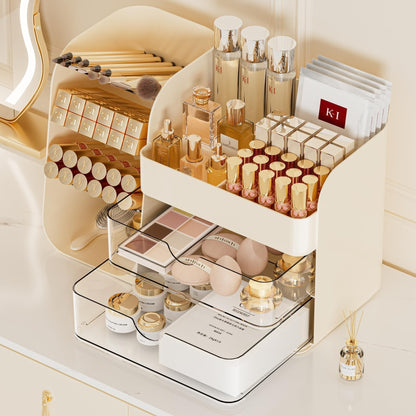 KQJS Makeup Organizer with Drawers, Large Capacity Countertop Organizer for Vanity, Bathroom and Bedroom Desk Cosmetics Organizer, Easy To Storage Skincare,Brushes, Eyeshadow,Lipstick (Cream)