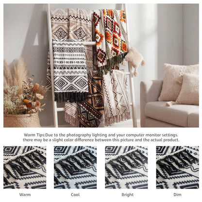 Boho Throw Blanket for Couch - Farmhouse Rustic Soft Blanket with Tassel, Western Aztec Vintage Blanket, Bohemian Cozy Blanket, Gifts for Women(50x60 Inches, Black and White)