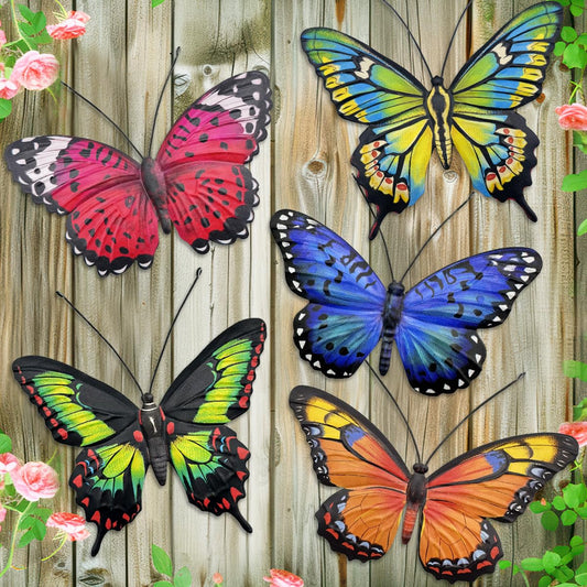EOORAU Metal Butterfly Wall Decor - 5 Pcs 3D Lifelike Metal Butterflies Outdoor Wall Art Sculpture Hanging Decorations for Outside Fence Yard Patio Garden Exterior Decorations