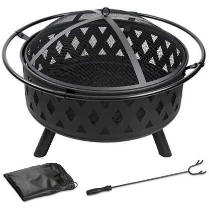Quilushey 32 Inch Fire Pit Outdoor Burning Stove, 2 in 1 Metal Round Fireplace for Outside Bonfire Party, BBQ, Camping, Backyard, Patio, Garden w/Fire Poker, Spark Screen, Grate, Cover (Rhombic)