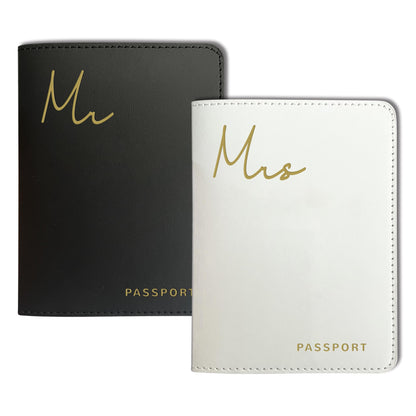 Mr&Mrs Gifts Matching Passport Holders for Mr and Mrs, Gold Foil Logo, Dual PU Leather with Card Pockets, Honeymoon Travel Essentials Gift for Newlyweds(MM Black White)