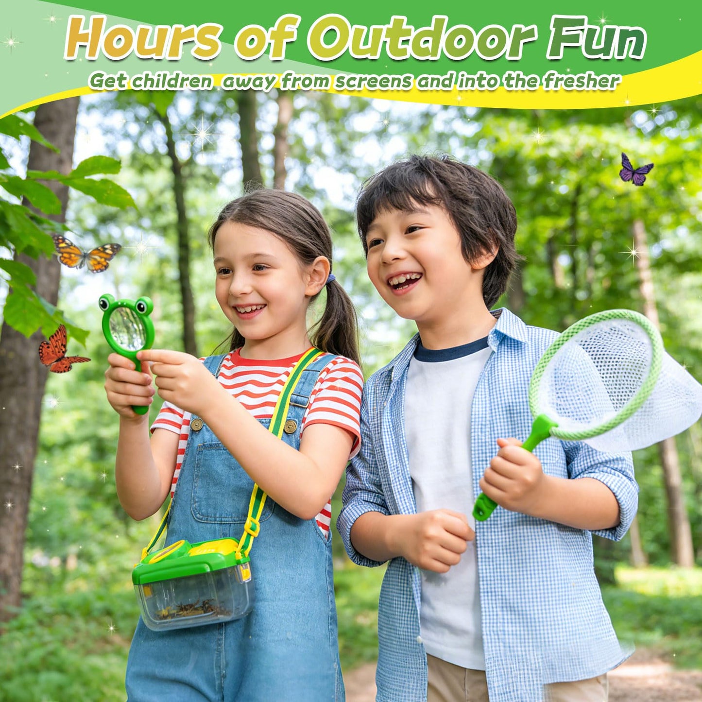 BLOOLILIES Bug Catcher for Kids, 28 PCS Outdoor Explorer Kit with Magnifier Glass Bug Collector Toy Butterfly Net Catcher Tweezers Insect Cognition Cards Outdoor Toys for Kids Ages 4-8 Boys Girls