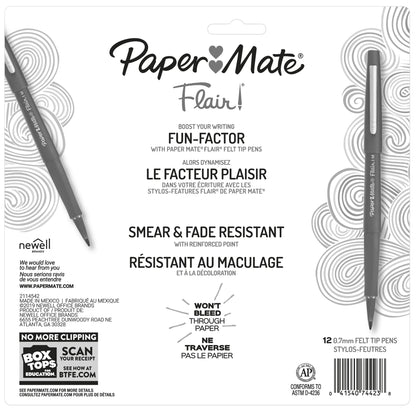 Paper Mate Flair Felt Tip Pens, Medium Point (0.7mm), 12 Count - For Arts & Crafts, Note-Taking, Journaling, School Supplies for Teachers & Students