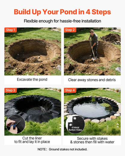 VEVOR 20 x 20 ft Pond Liner, 14 Mil Thickness, 3-Layer Reinforced PE Fish Koi Pond Liner for Outdoor Ponds, with Hemmed Edge and 4 Metal Buttonholes, for Water Garden, Waterfall, and Fountains, Black