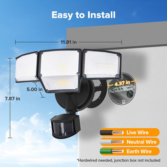 LUTEC 80W 9000LM LED Security Light Hardwire Motion Sensor Outdoor Lights, 4 Head LED Flood Lights Outdoor 5000K Daylight, IP65 Waterproof, Motion Detected Lights for Outside, Garage, Yard (Black)