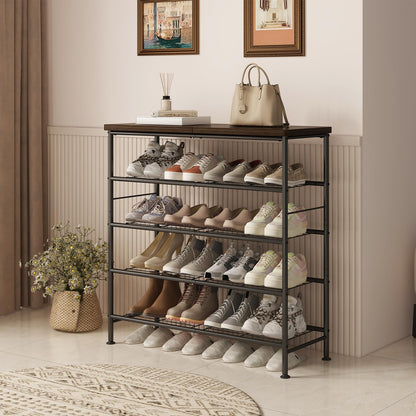 SUOERNUO Shoe Rack Organizer 5 Tier for Closet Entryway Free Standing Metal Storage Shoe Shelf with MDF Top Board，Black+Rustic Brown