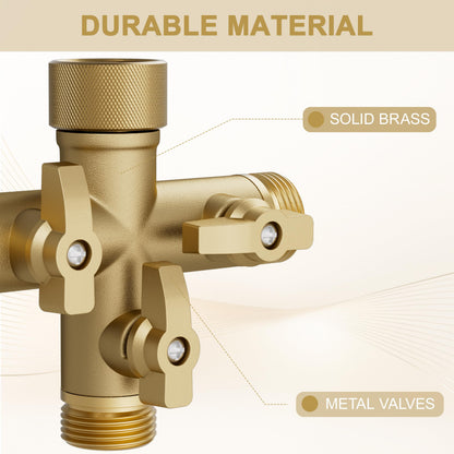 SANTONG Hose Splitter Solid Brass 3 Way + Type Outdoor Faucet and Water Spigot Connector with Shut-Off Valves, 4 Extra Silicone Washers Included