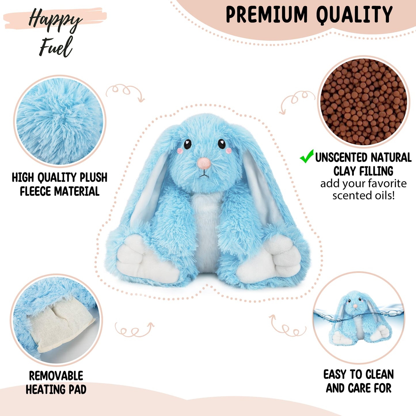 Bunny Microwavable Stuffed Animal – 1.5 lb Unscented Heating Pad Plush, Soft Cozy Bunny Toy for Relaxation and Comfort, Gift for Women, Girls, Adults & Kids by Happy Fuel, Blue