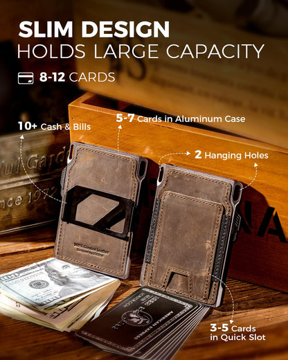 LORZOR Slim Tactical Wallet for Men- Minimalist Front Pocket Full Grain Leather Wallet for 10 Cards, RFID Blocking Aluminum Cardholder, Smart Pop Up Card Case, Money Clip, Gift Boxed(DistressBrown)