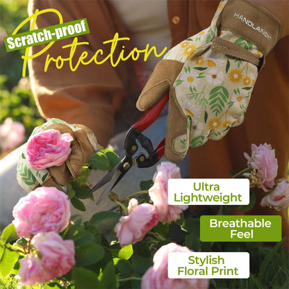 HANDLANDY Gardening Gloves for Women, Breathable Ladies Leather Garden Yard Gloves Best Gardeners Gift (Khaki, M)
