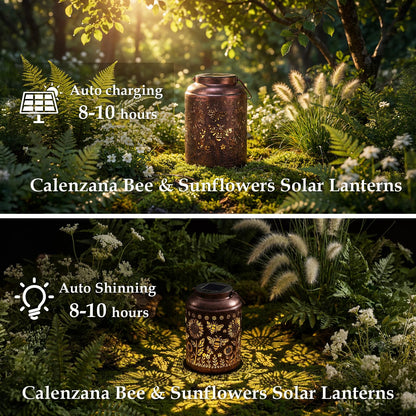 Calenzana Outdoor Waterproof Solar Lanterns Bee & Sunflower Hanging Solar Garden Light, Christmas Birthday Gifts for Women Mom Grandma, Metal Solar Decoration Outside for Yard, Patio, Backyard, Porch
