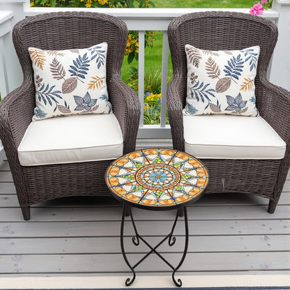 Kaesithar Set of 2 Mosaic Outdoor Side Tables Round, 15 Inch Height - Small Patio Table Set, Foldable Sun Pattern Metal Plant Stands for Garden, Balcony & Yard (Mosaic Sun, 2 Pack)