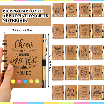 Skyygemm 20 Sets Employee Appreciation Gifts Spiral Notebook Journal with Sticky Notepad Index Tabs Thank You Gifts Notepad with Bamboo Pen Bulk for Teacher Cna Nurse Coworker(Motivational)