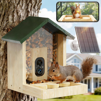 Wooden Squirrel Feeder with Camera, Smart Squirrel Feeder Solar-Powered, Squirrel Houses for Outside, 2K HD+ Video, Cloud Storage, Large Capacity, Ideal for Squirrel Lovers
