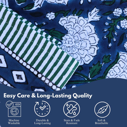 HANDICRAFT HANDLOOM Handblock Print Cotton Tablecloth – 90 Round Table Cover Seats 6–8 – Indian Block Printed Floral Dining Table Linen – Boho Washable Cloth for Kitchen, Party, Outdoor (Dark Blue)