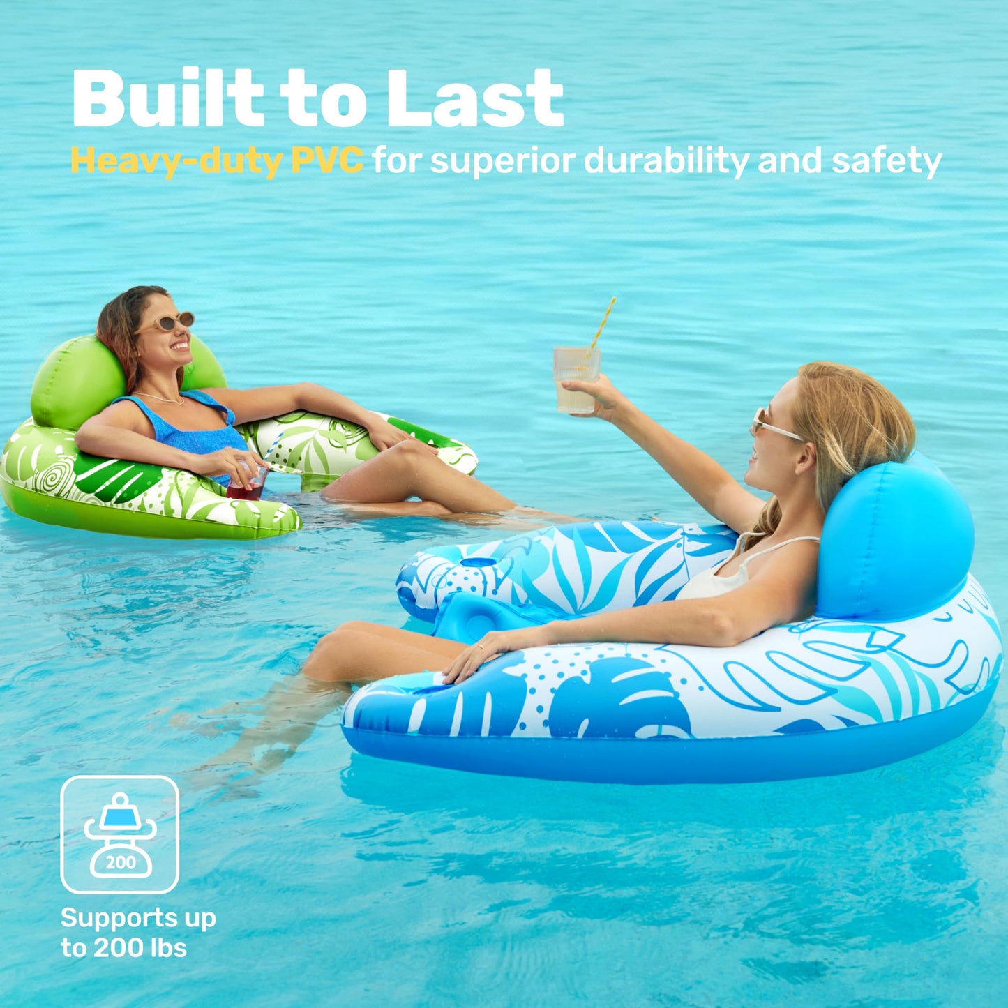 SLOOSH Inflatable Pool Floats Adult,2 Pack Pool Chairs with Cup Holders,X-Large Blow up Floats Chair,Hammock Noodle Mat Leaves Design for Relaxing Summer Water Fun Swimming Party Beach,Blue,Green