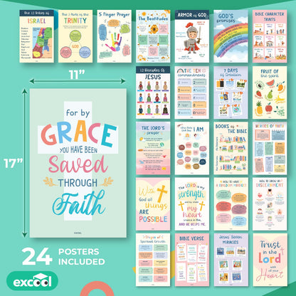 Excool Club Sunday School Decorations For Classroom - 24 Book Of The Bible Posters For Kids, Ten Commandments Fruit Of The Spirit Wall Art, Bible Study Supplies For Christian Classroom Decor (11"x17")