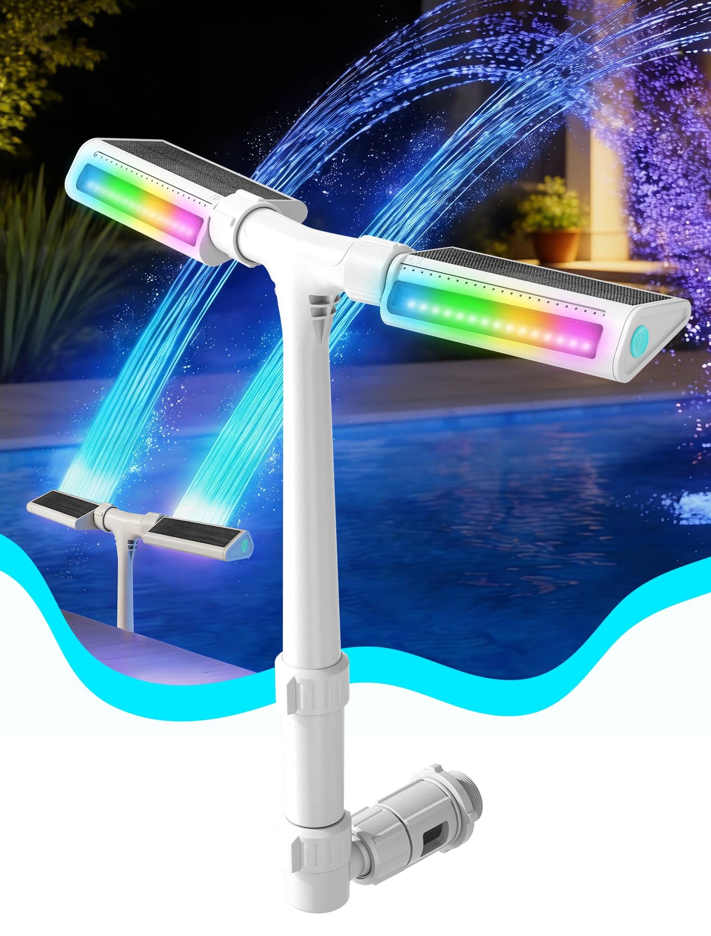 2026 Height Upgrade Solar Pool Fountain with 10-Color 4-Modes Lights, Dual Spray Waterfall Sprinkler 360° Adjustable, Compatible with Above & Inground Pools for Cooler Relaxation (White)