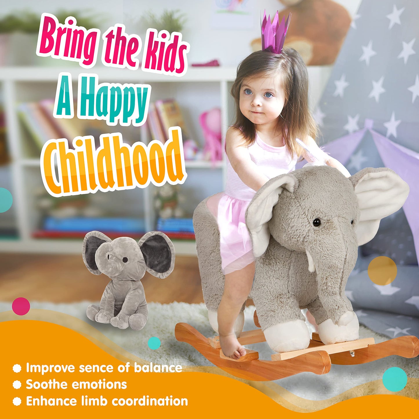 Elephant Baby Rocking Horse Wooden Rockers with Base Seat Safety Belt and 1 Pcs Elephant Plush Stuffed Animals Toy for Toddlers 1-3