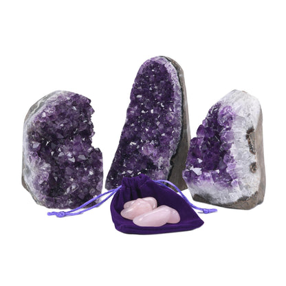 Extreme Rocks & Fossils Natural Amethyst Cluster with Polished Edges [1.5 to 2 lb.] Real Raw Geode Healing Crystal Rock from Uruguay, Deep Purple Decor and a Free Velvet Pouch of Rose Quartz