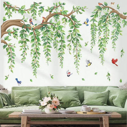 wondever Large Tree Branch Hanging Vine Wall Stickers Green Leaf Flower Birds Peel and Stick Wall Art Decals for Living Room Bedroom TV Wall