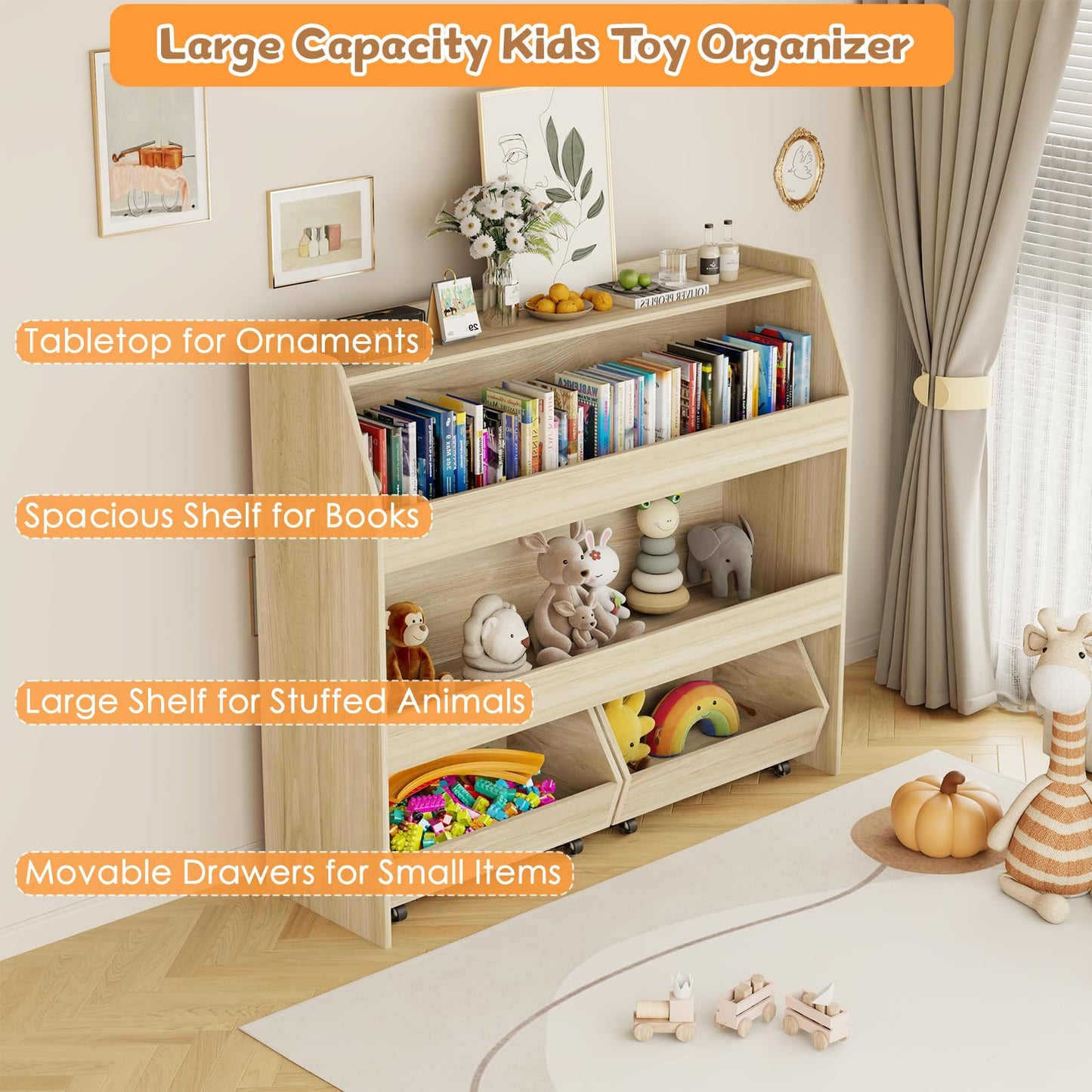 COZPAW Toy Storage Organizer, 3 Tier Montessori Shelf with Movable Bins (Wood)