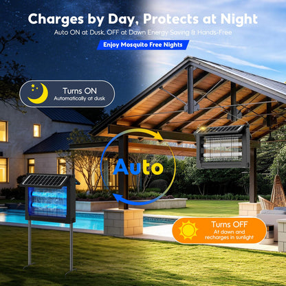 Solar Bug Zapper Outdoor, 4500V Electric Mosquito Zapper with Dual Solar Panels & USB Charging, Auto On/Off Mosquito Killer, IPX5 Waterproof Fly Trap for Backyard Patio Garden Camping, 2100 Sq Ft