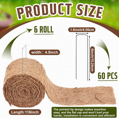 Tinideya 6 Pcs Natural Mulch Roll for Landscaping 118'' x 4.5'' Per Roll Coconut Fiber Mulch Mat with 60 U-Shaped Steel Stakes Cuttable Coconut Liner for Garden Edgings Wrap Trunk Planter Pet Pad