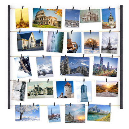Love-KANKEI Wood Picture Frame Collage Photo Display Frame 26×29 inch with 30 Clips and Adjustable Twines Collage Artworks Prints Pictures Organizer Gift Black