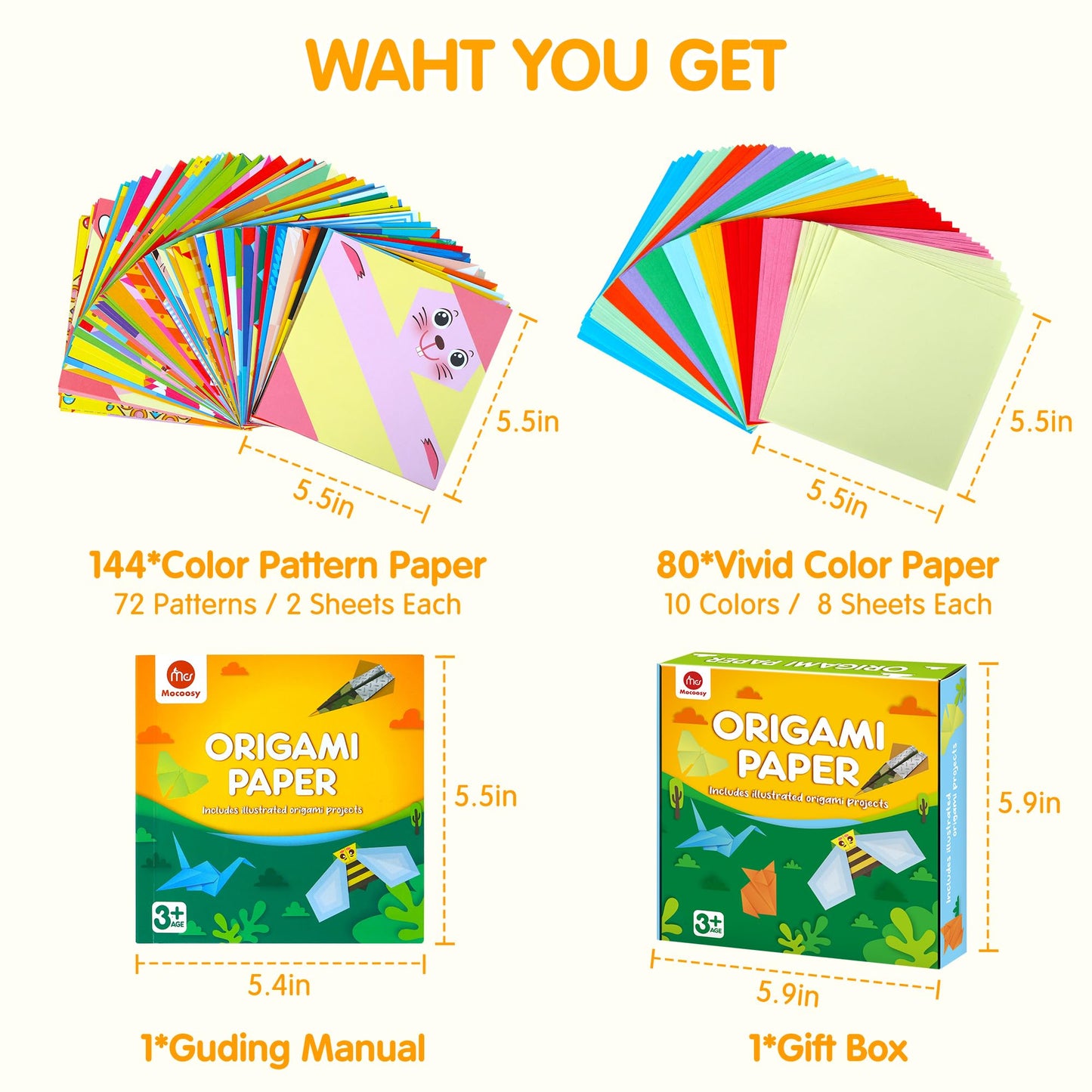 Mocoosy 224 Sheets Origami Paper Kit for Kids Ages 5-8 8-12, Folding Paper Set with Origami Book for Beginners, Art Craft Supplies for Boys Girls 9-12, Travel Game Car Road Trip Activities Toy Gifts