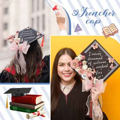 MotiMind 46 Pcs DIY Graduation Cap Decorations Kit Included Paper Flowers, 3D Butterfly Stickers, Rhinestone, Letter, Pearl Stickers, Mesh Ribbon Bow for DIY Grad Cap Decor(Pink)