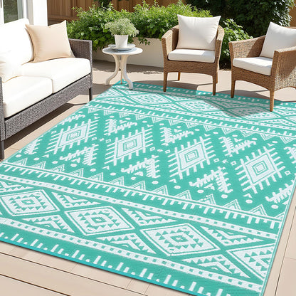 OLANLY Outdoor Rug Waterproof 8x10 ft, Reversible Outdoor Plastic Straw Rug, Boho Patio Rug, Indoor Outdoor Carpet, RV Mat Outside for Patio, Camp, Picnic, Balcony, Deck, Backyard, Turquoise & White