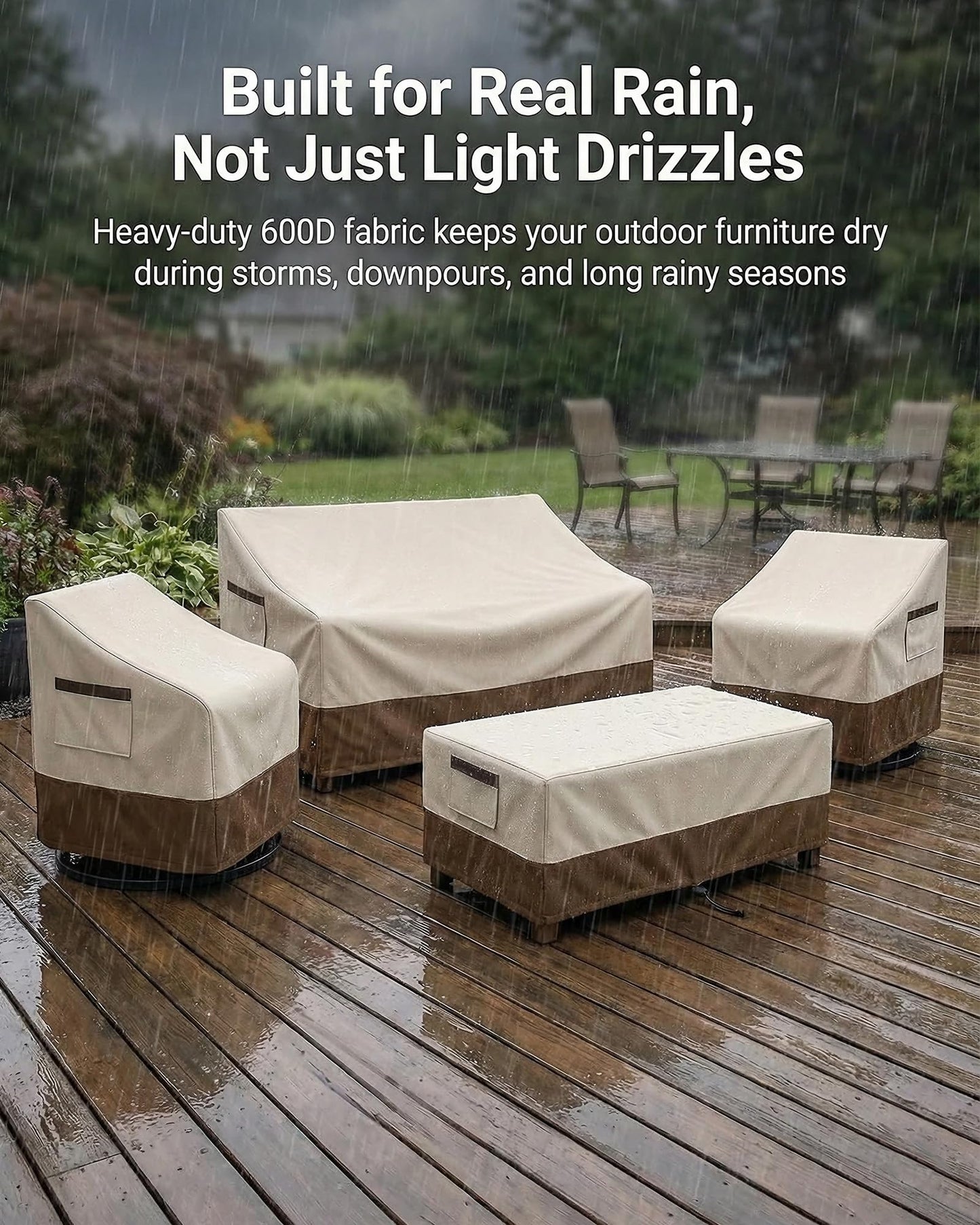 4-Piece Patio Furniture Cover Set, Waterproof Outdoor Furniture Covers for 3-Seater Sofa, Patio Chairs & Coffee Table, Heavy-Duty 600D, Fade&UV-Resistant, Breathable, All-Season Protection,Beige&Brown