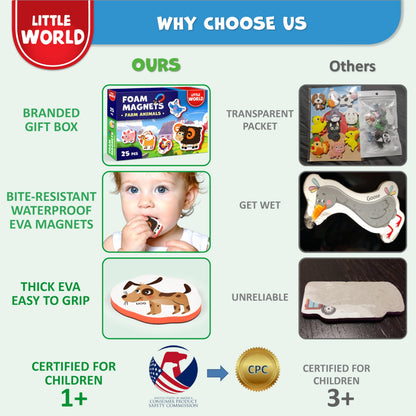 Little World Large Set of Safe and Durable Fridge Magnets for Toddlers 1-3 | Foam Refrigerator Magnets for Kids with Gift Box | Waterproof, Non-Toxic Farm Magnetic Animals for Children and Babies 1+