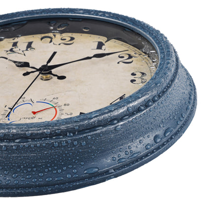 Horizent Outdoor Clocks Waterproof with Thermometer Rustic Coastal Wall Clock Decor for Patio Pool Garden(12 Inch,Blue)