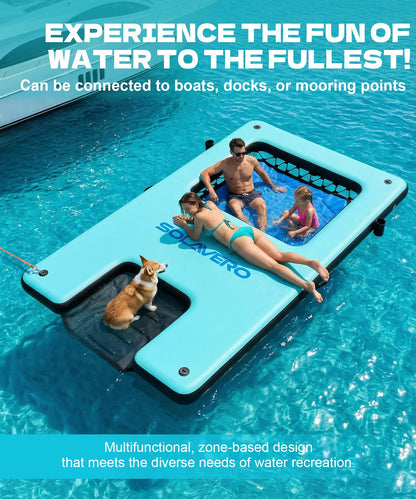 SOLAVERO 10x6ft Inflatable Floating Dock with Water Ramp, Heavy Duty Floating Platform for Adults & Dogs, Non-Slip Lake Float with Mesh Hammock, Cup Holders for Pool, Lake, Boat, Party