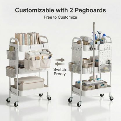 YanKiTour 3 Tier Rolling Cart with DIY Pegboards & Mop Holder, Metal Utility Cart with Wheels, Hooks and Bins, Storage Organizer for Bathroom, Laundry, Kitchen, Office, Craft Room (White)