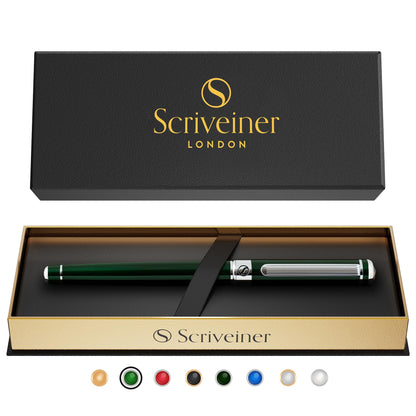 Scriveiner British Racing Green Rollerball - Stunning Luxury Pen With Chrome Finish, Schmidt Ink Refill, Best Roller Ball Pen Gift Set for Men & Women, Professional, Executive Office, Nice Pens