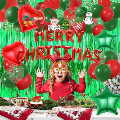 Red Green Christmas Decorations with Green Fringe Curtains, Heart Stars Confetti Balloon, Merry Christma Foil Balloons, christmas Glasses Frames and Hanging Swirls for Xmas Party Supplies