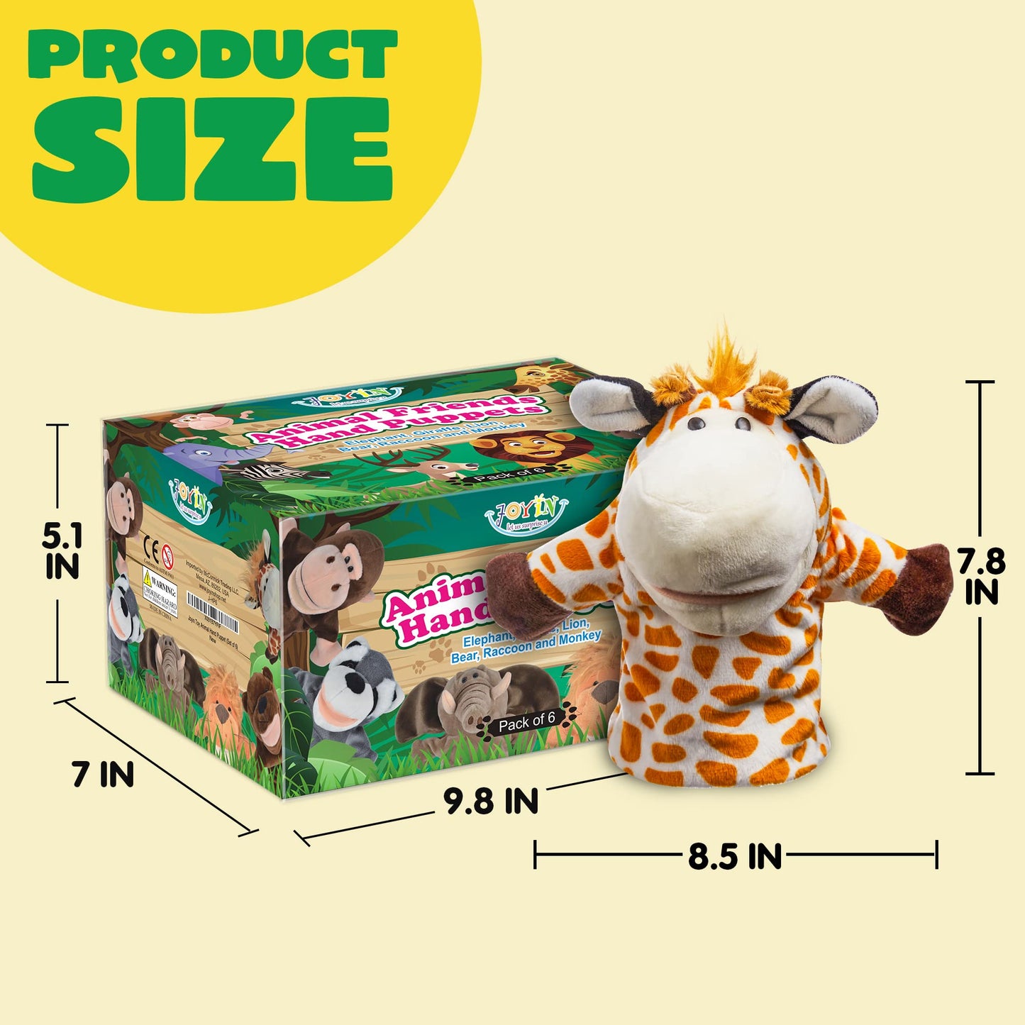 JOYIN 6Pcs Kids Hand Puppet Set with Working Mouth, Toddler Plush Toy Includes Elephant, Giraffe, Lion, Bear, Raccoon and Monkey for Show Theater, Easter Birthday Gifts for Kid