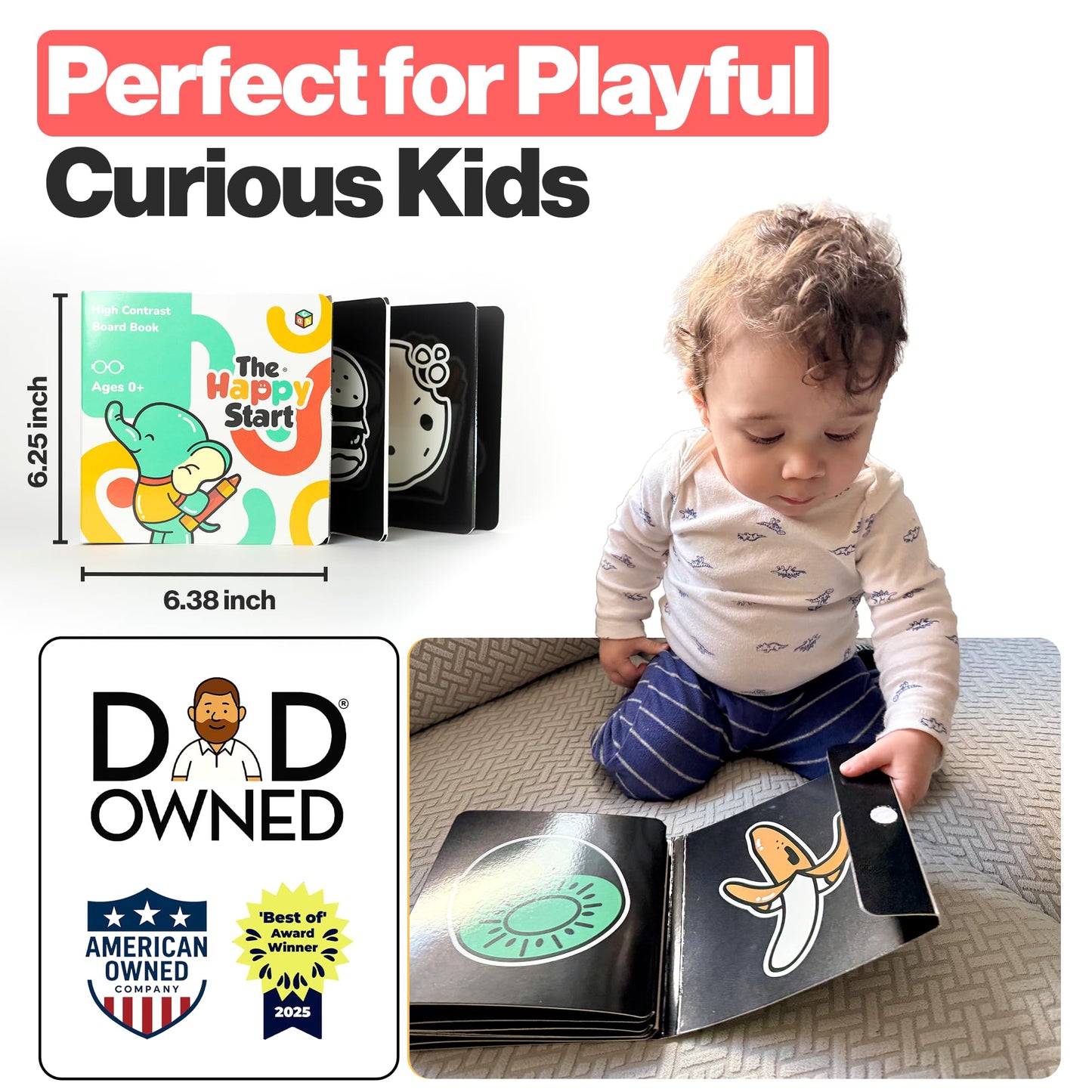 Happy Start Award-Winning High Contrast Board Book - Newborn Black & White Baby Cards, Easy to Clean, Hospital Approved, Stands on Its Own, Tummy Time Toy, Ages 0+ (3 Pack - Animals, Food, Landmarks)