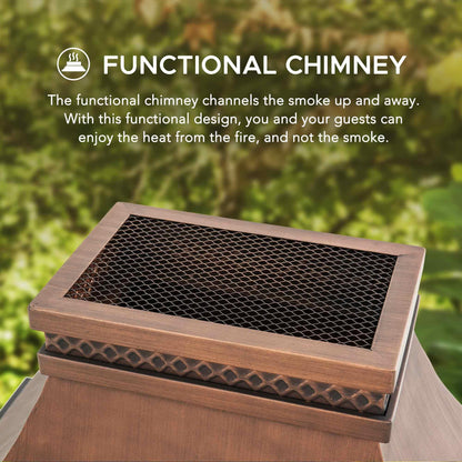 Sunjoy Outdoor Fireplace, Stone Look Tile Patio Wood Burning Steel Fireplace with Chimney, Spark Screen, Fire Poker, Rain Cover, and Removable Grate, Copper with Gray Tile