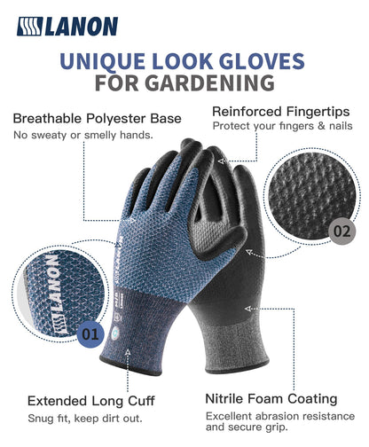 LANON Gardening Gloves for Men Women, 2 Pairs Nitrile Coated Garden Gloves with Grip, Breathable B.COMB AIR Technique, Dusty Olive & Bluebird, Large
