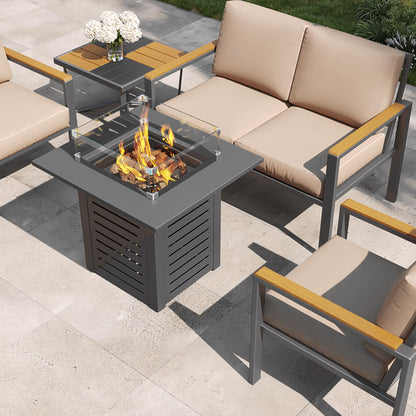 28'' Propane Fire Pit Table, 50,000 BTU Steel Gas Firepit for Outdoor Patio Deck and Garden, CSA Certified Fire Pit with Lid, Waterproof Cover, Glass Wind Guard and Lava Rock, Black